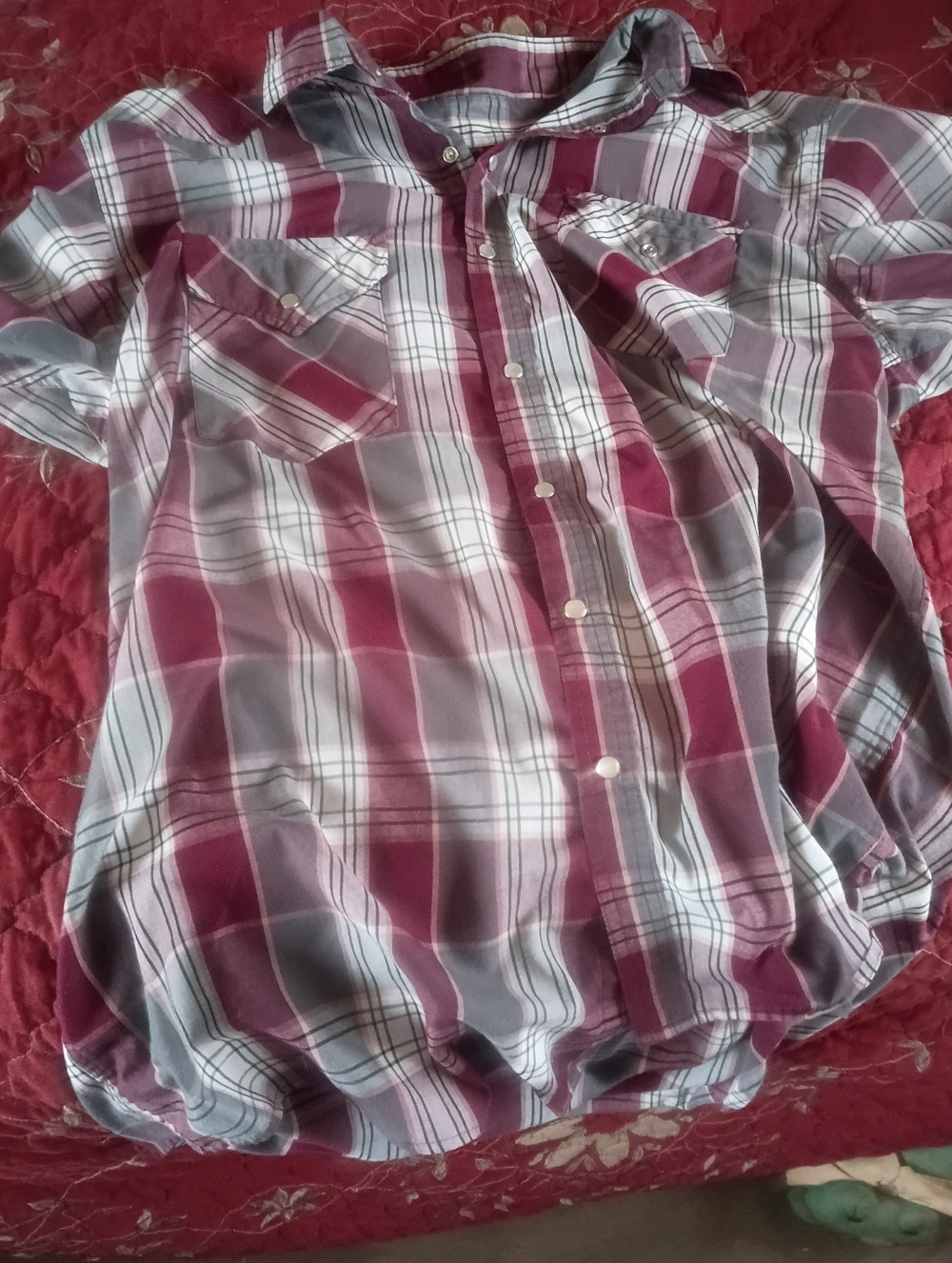 Plaid Button-Up Shirt in Burgundy, Gray & White
